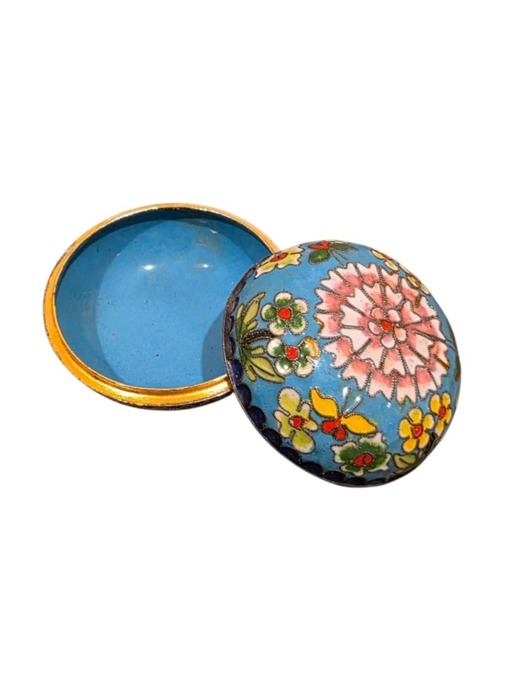 Chinese Cloisonné Floral Round Trinket Box Blue Enamel Interior